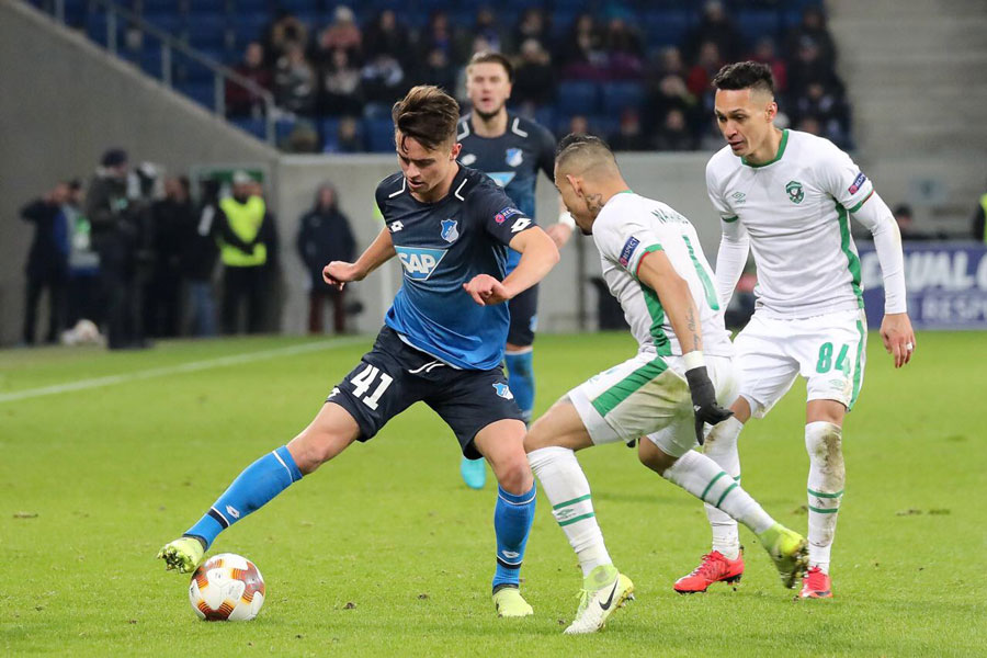 Photo of Johannes Buehler controlling the ball during a match between Hoffenheim and Ludogoretz in the Europa League.