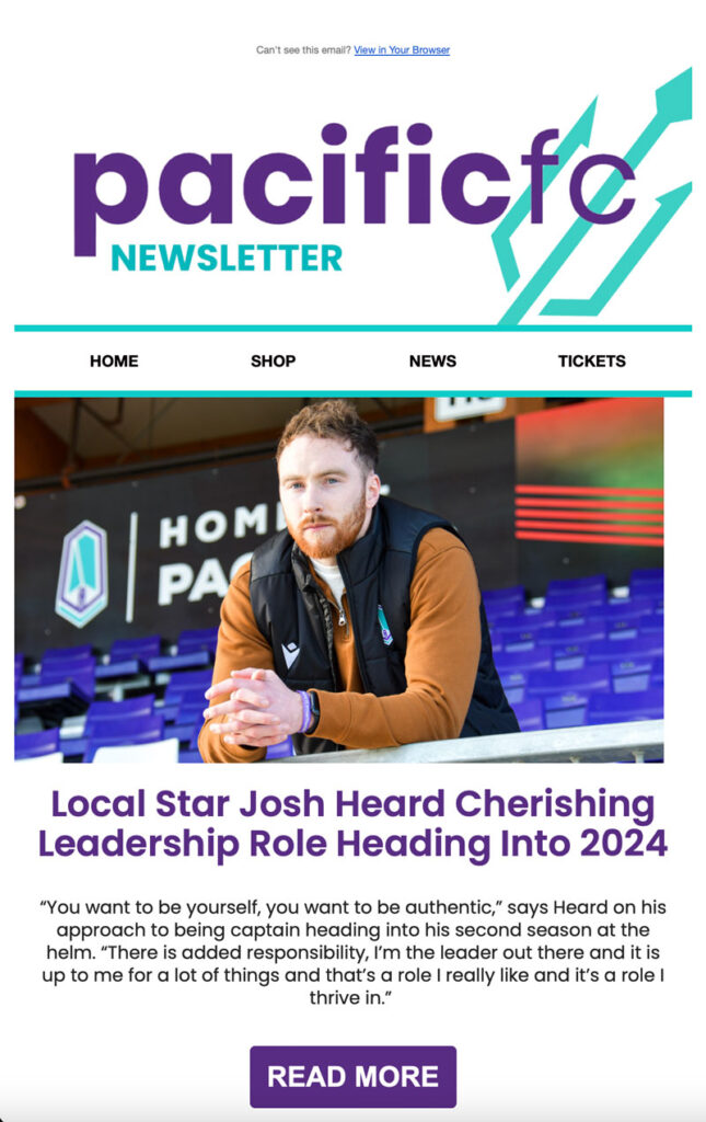 Screenshot of an article by Pacific FC on Josh Heard returning as captain of his local city club.