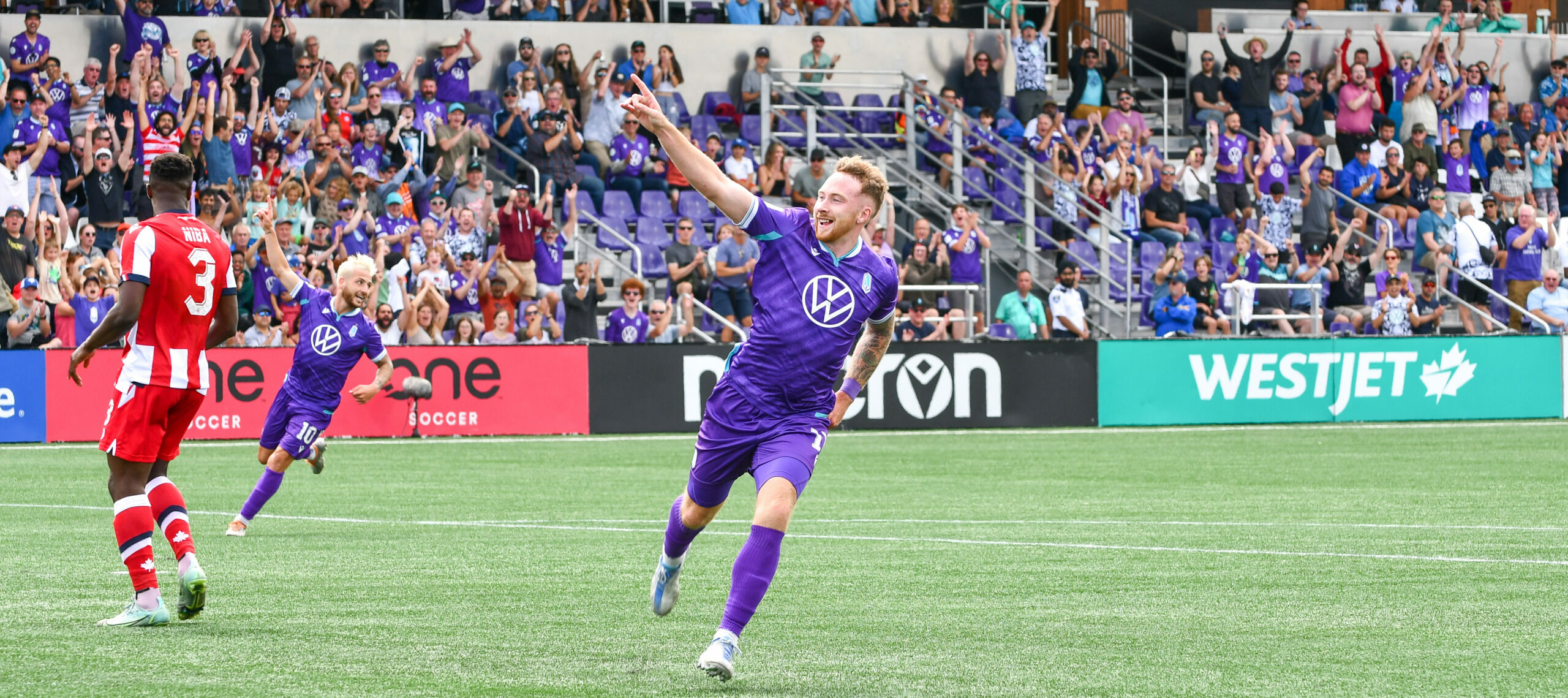 Photo of Josh Heard celebrating a goal for Pacific FC in the Canadian Premier League