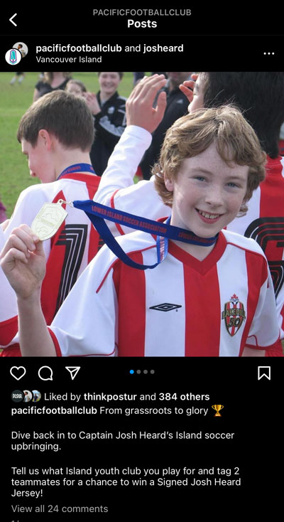 Screenshot of a giveaway post by Pacific FC showing a young Josh Heard holding a medal.