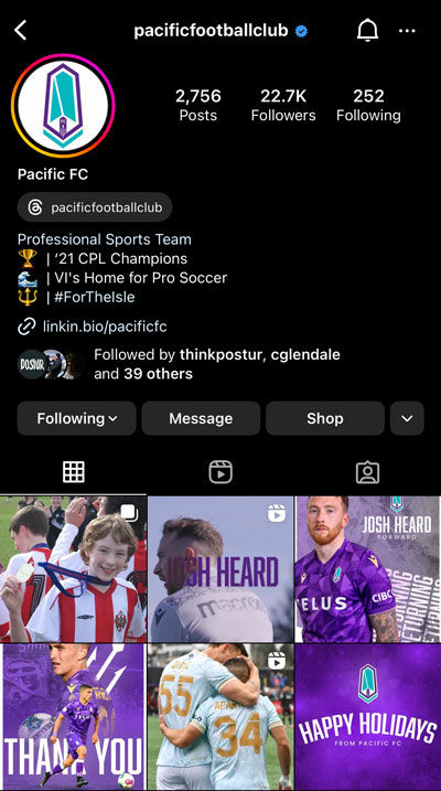 Screenshot of the Pacific FC Instagram featuring Josh Heard.