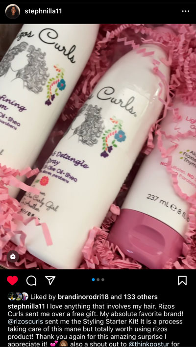 Screenshot of a post about Rizos Curls products by Stephanie Quintanilla on Instagram.